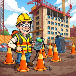 A cartoon scene set at a bustling construction site