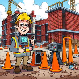 A cartoon scene set at a bustling construction site