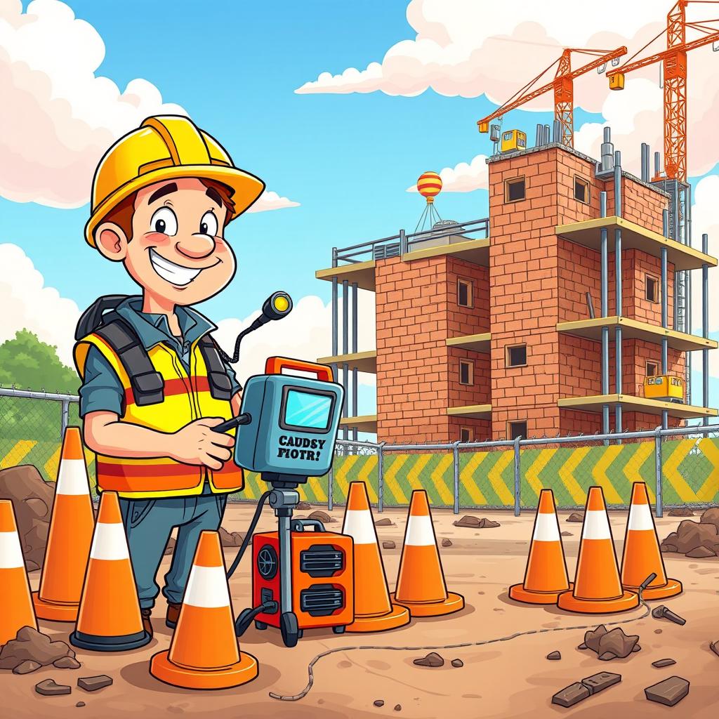A cartoon scene set at a bustling construction site