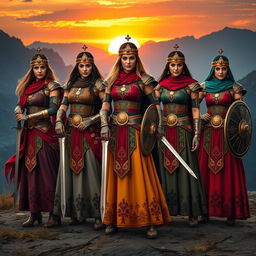 A group of strong Iranian warrior women in a dramatic mountainous landscape, showcasing their traditional attire
