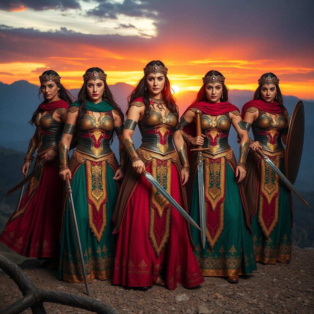 A group of strong Iranian warrior women in a dramatic mountainous landscape, showcasing their traditional attire