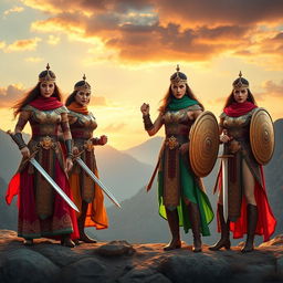 A group of strong Iranian warrior women in a dramatic mountainous landscape, showcasing their traditional attire
