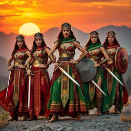 A group of strong Iranian warrior women in a dramatic mountainous landscape, showcasing their traditional attire