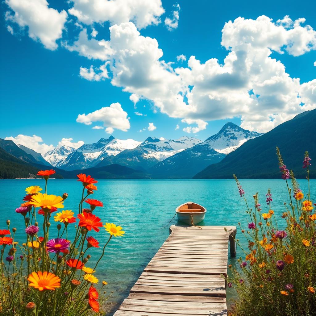 A stunning landscape featuring a serene, crystal-clear lake surrounded by majestic snow-capped mountains in the background