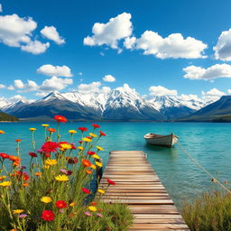 A stunning landscape featuring a serene, crystal-clear lake surrounded by majestic snow-capped mountains in the background
