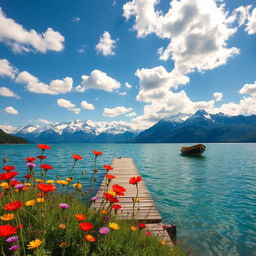 A stunning landscape featuring a serene, crystal-clear lake surrounded by majestic snow-capped mountains in the background