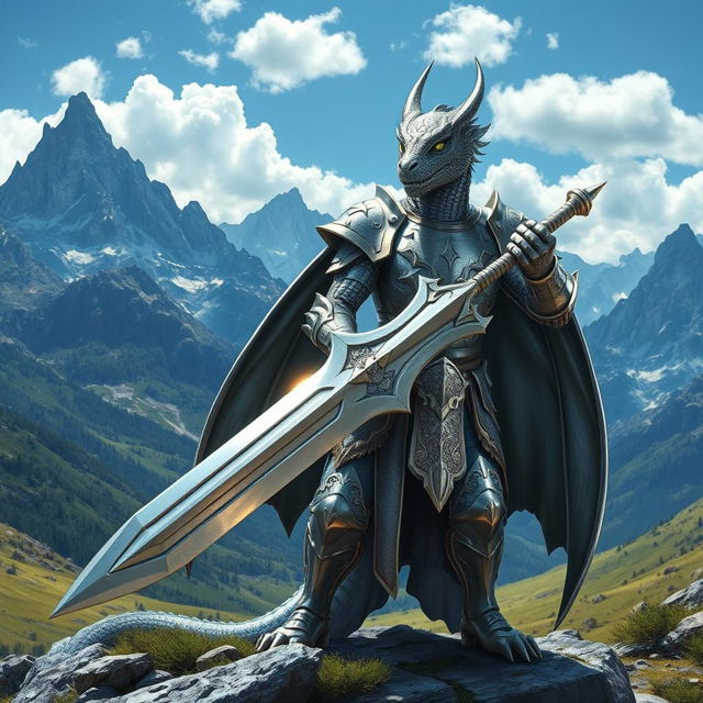 A silver dragonborn paladin standing proudly against a majestic mountainous backdrop, clad in shining silver armor adorned with intricate designs