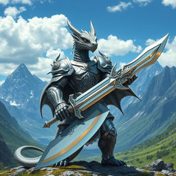 A silver dragonborn paladin standing proudly against a majestic mountainous backdrop, clad in shining silver armor adorned with intricate designs