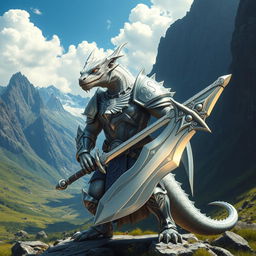 A silver dragonborn paladin standing proudly against a majestic mountainous backdrop, clad in shining silver armor adorned with intricate designs