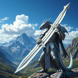 A silver dragonborn paladin standing proudly against a majestic mountainous backdrop, clad in shining silver armor adorned with intricate designs