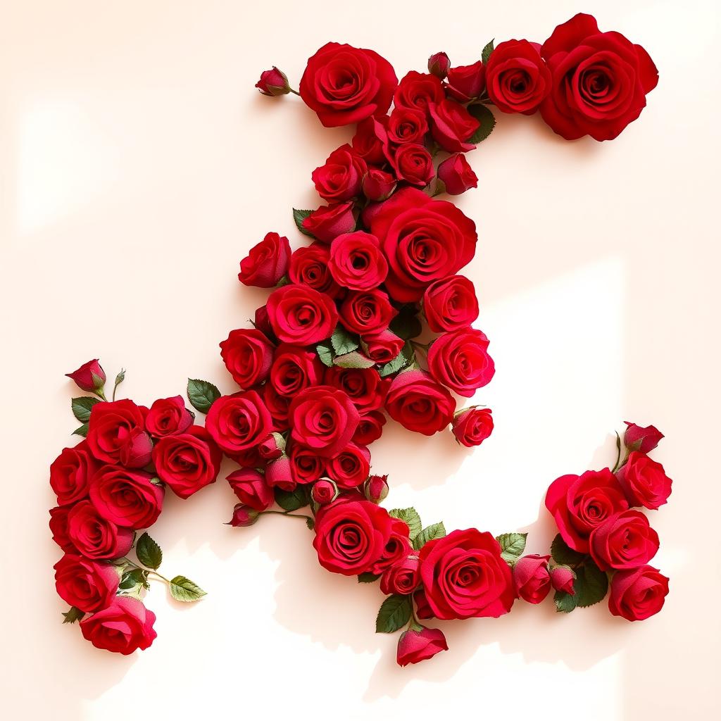 A large, elegant letter 'L' creatively formed from vibrant red roses