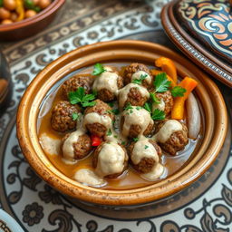 A delicious close-up of a traditional Kefta dish in a tahini sauce, served in a beautiful ceramic tagine