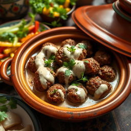 A delicious close-up of a traditional Kefta dish in a tahini sauce, served in a beautiful ceramic tagine