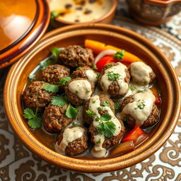 A delicious close-up of a traditional Kefta dish in a tahini sauce, served in a beautiful ceramic tagine