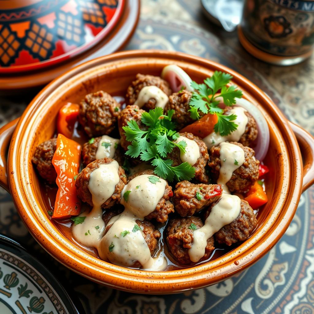A delicious close-up of a traditional Kefta dish in a tahini sauce, served in a beautiful ceramic tagine
