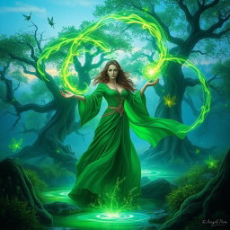 A mystical scene showcasing vibrant green magic in a lush enchanted forest