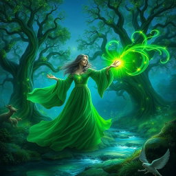 A mystical scene showcasing vibrant green magic in a lush enchanted forest