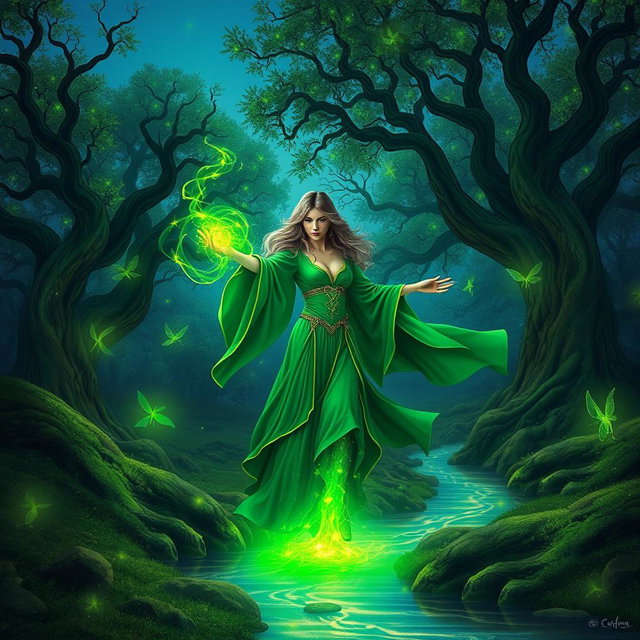 A mystical scene showcasing vibrant green magic in a lush enchanted forest