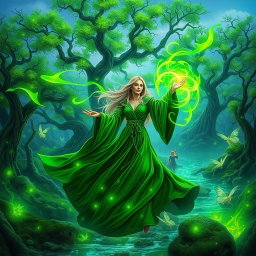 A mystical scene showcasing vibrant green magic in a lush enchanted forest