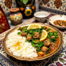 A beautifully arranged plate of Khoresht Sabzi, an Iranian herb stew, served in an ornate bowl