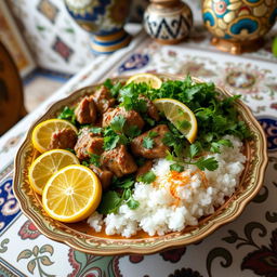 A beautifully arranged plate of Khoresht Sabzi, an Iranian herb stew, served in an ornate bowl