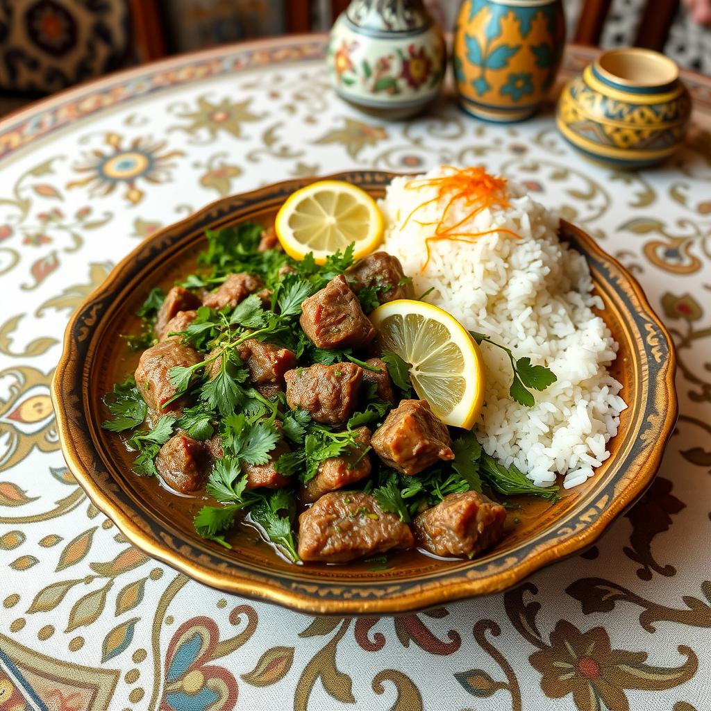 A beautifully arranged plate of Khoresht Sabzi, an Iranian herb stew, served in an ornate bowl