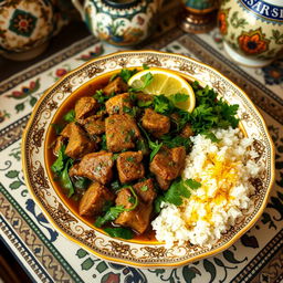 A beautifully arranged plate of Khoresht Sabzi, an Iranian herb stew, served in an ornate bowl