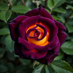 A breathtaking dark purple rose with striking yellow undertones