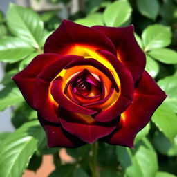 A breathtaking dark purple rose with striking yellow undertones