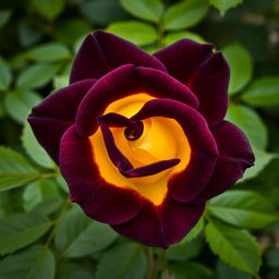 A breathtaking dark purple rose with striking yellow undertones