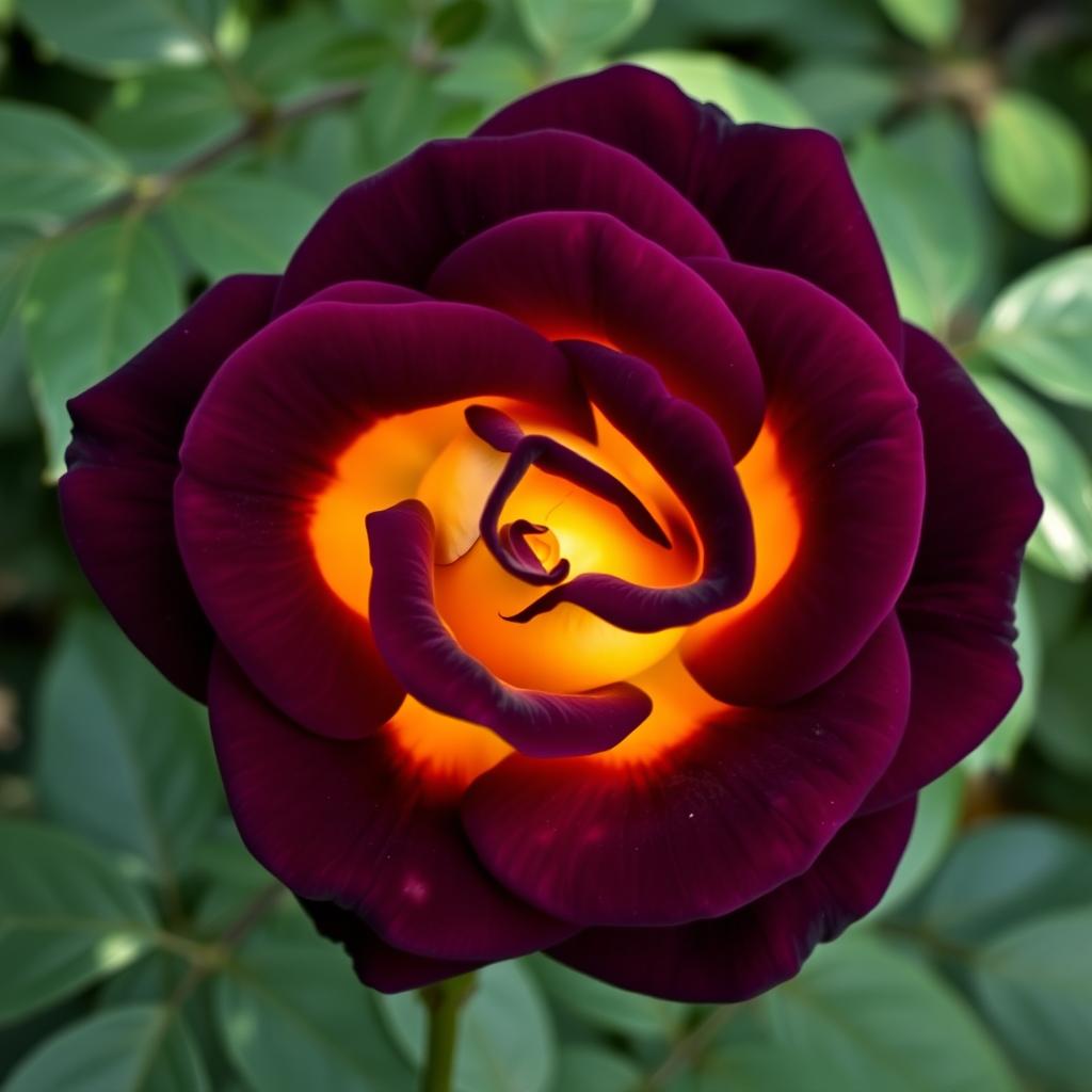 A breathtaking dark purple rose with striking yellow undertones