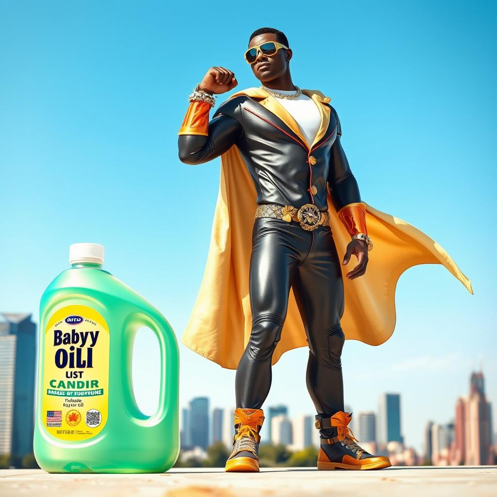 A vibrant and playful scene featuring a superhero character inspired by the style of P Diddy, with an emphasis on strength and charisma
