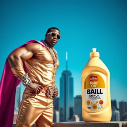 A vibrant and playful scene featuring a superhero character inspired by the style of P Diddy, with an emphasis on strength and charisma