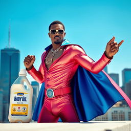 A vibrant and playful scene featuring a superhero character inspired by the style of P Diddy, with an emphasis on strength and charisma