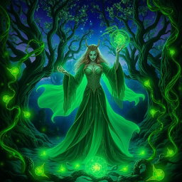 A captivating scene set in a mystical forest, illuminated by ethereal green lights
