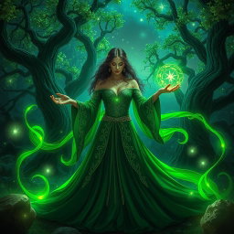 A captivating scene set in a mystical forest, illuminated by ethereal green lights