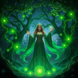 A captivating scene set in a mystical forest, illuminated by ethereal green lights