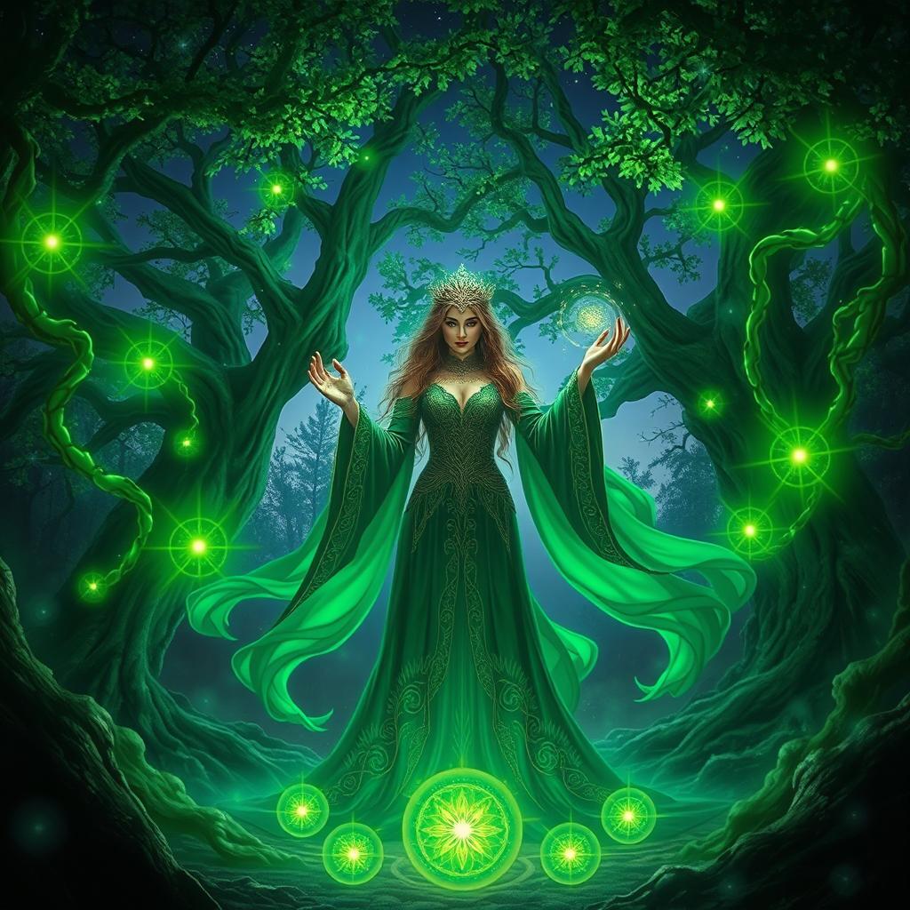A captivating scene set in a mystical forest, illuminated by ethereal green lights