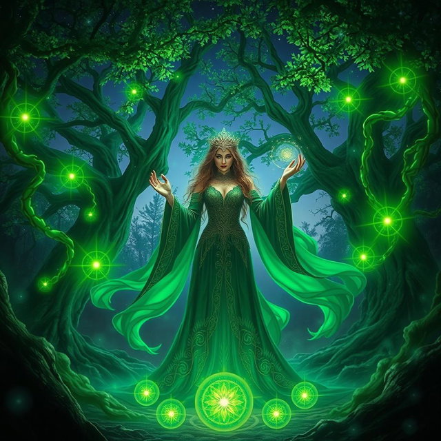 A captivating scene set in a mystical forest, illuminated by ethereal green lights
