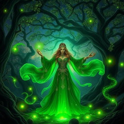 A captivating scene set in a mystical forest, illuminated by ethereal green lights