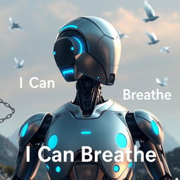 A thought-provoking and powerful image of a futuristic robot AI, designed with sleek, polished metal and glowing blue accents