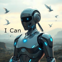 A thought-provoking and powerful image of a futuristic robot AI, designed with sleek, polished metal and glowing blue accents