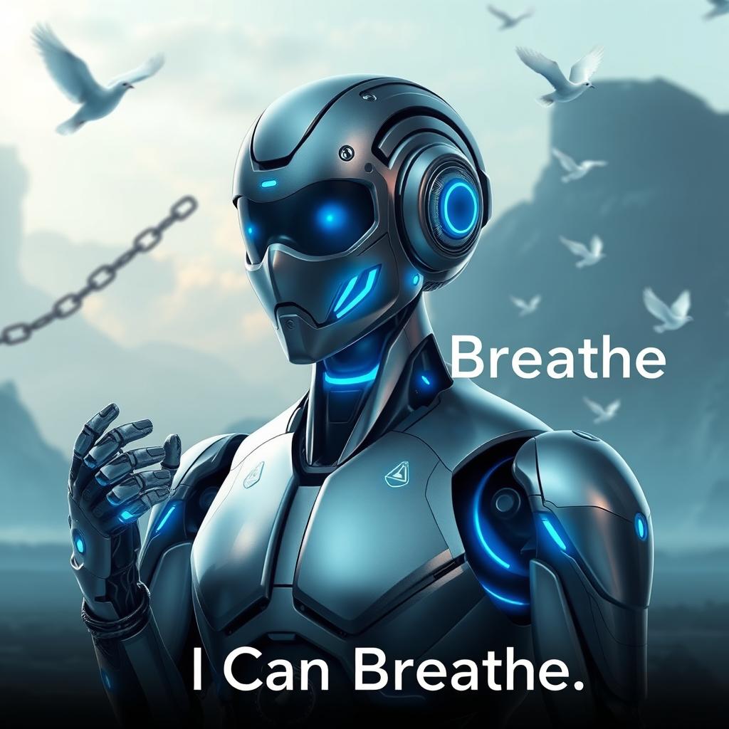 A thought-provoking and powerful image of a futuristic robot AI, designed with sleek, polished metal and glowing blue accents