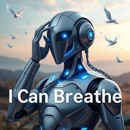 A thought-provoking and powerful image of a futuristic robot AI, designed with sleek, polished metal and glowing blue accents