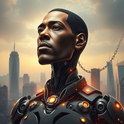 A striking and thought-provoking artwork depicting a half-human, half-robot figure inspired by the theme of resilience and justice
