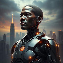 A striking and thought-provoking artwork depicting a half-human, half-robot figure inspired by the theme of resilience and justice
