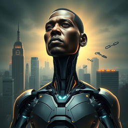 A striking and thought-provoking artwork depicting a half-human, half-robot figure inspired by the theme of resilience and justice