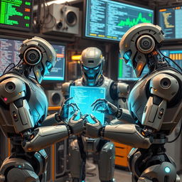 A futuristic scene depicting three large robots, each with distinct designs and colors, engaged in an intricate programming session on a glowing holographic interface