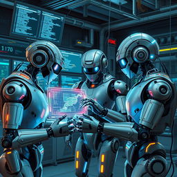 A futuristic scene depicting three large robots, each with distinct designs and colors, engaged in an intricate programming session on a glowing holographic interface