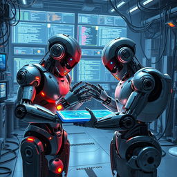 A futuristic scene depicting three large robots, each with distinct designs and colors, engaged in an intricate programming session on a glowing holographic interface